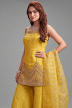 Light Yellow Chinon Cutdana and Embroidery Worked Palazzo Suit - yellow saree embroidery
