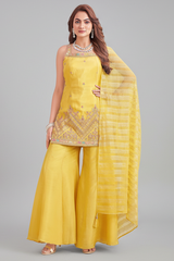 Light Yellow Chinon Cutdana and Embroidery Worked Palazzo Suit