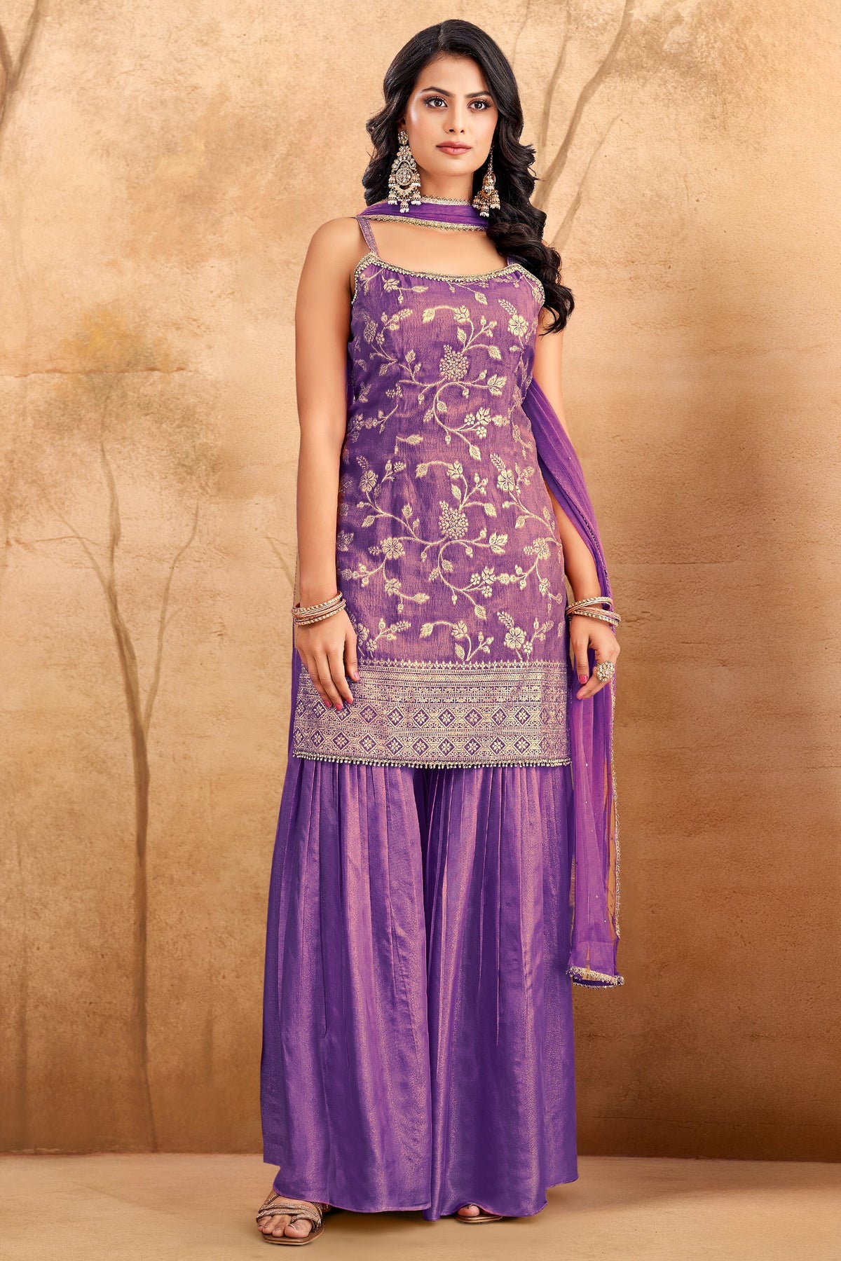 Lavender Purple Tissue Floral Woven Sharara Suit