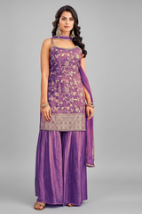 Lavender Purple Tissue Floral Woven Sharara Suit