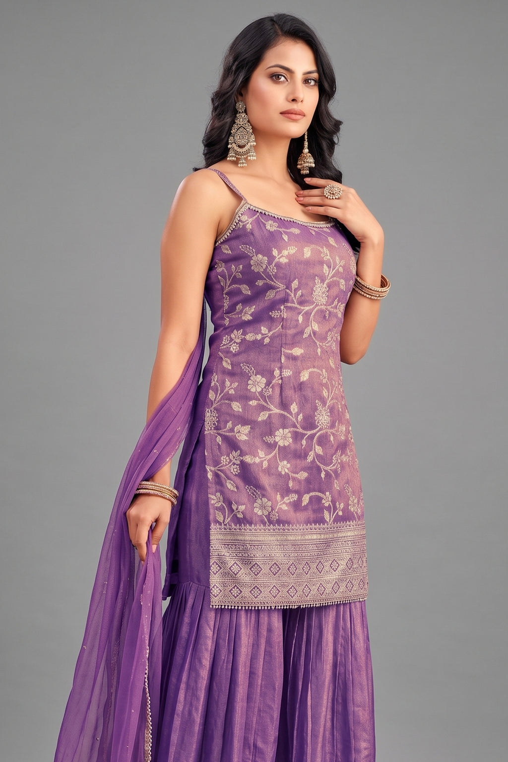 Lavender Purple Tissue Floral Woven Sharara Suit - purple saree
