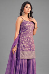 Lavender Purple Tissue Floral Woven Sharara Suit