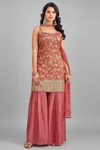Coral Peach Tissue Floral Woven Sharara Suit - peach saree
