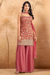 Coral Peach Tissue Floral Woven Sharara Suit