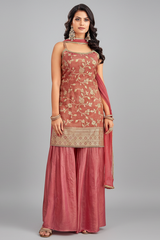 Coral Peach Tissue Floral Woven Sharara Suit