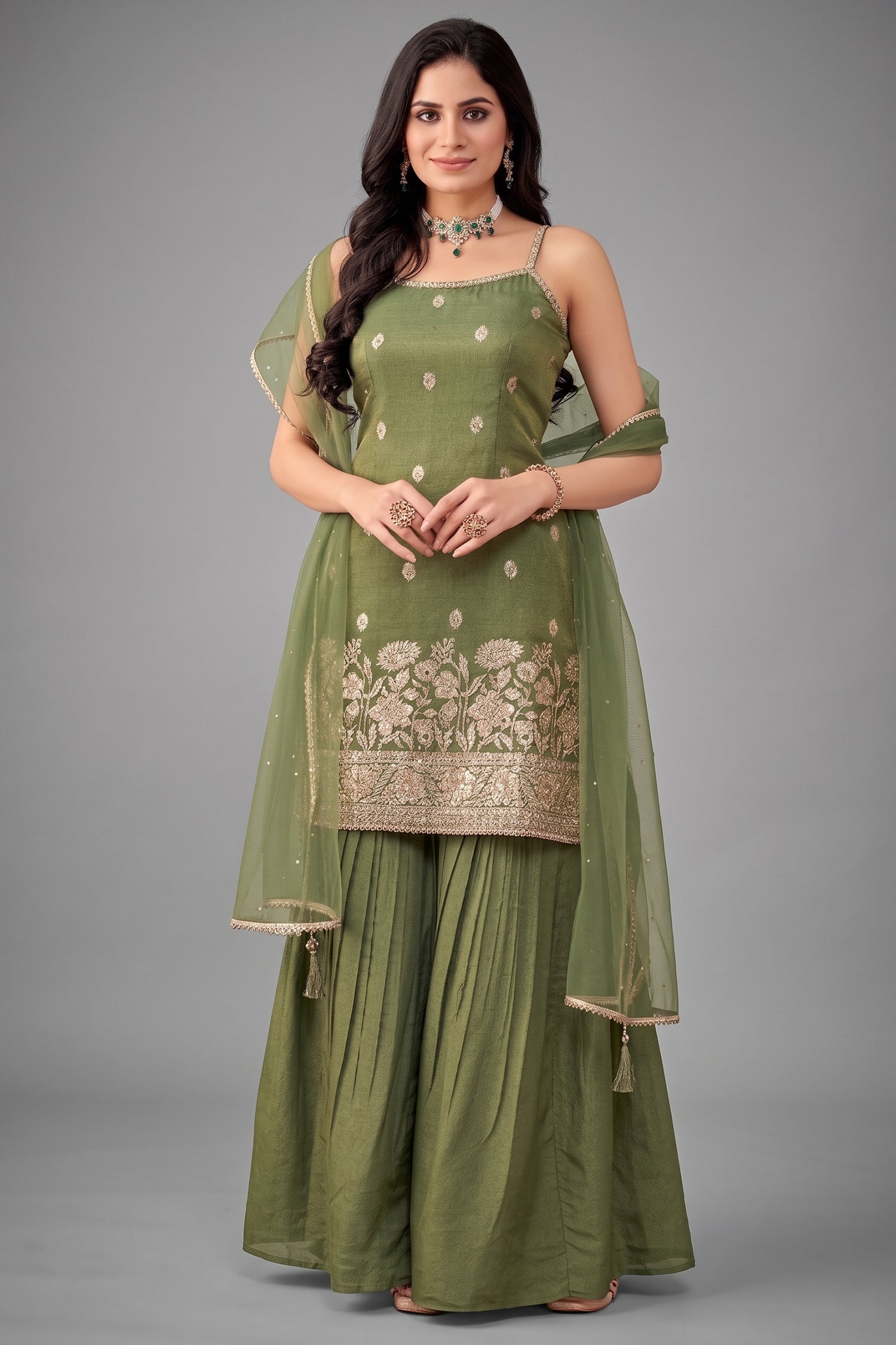 Green Tissue Floral Woven and Mirror Work Sharara Suit - green saree