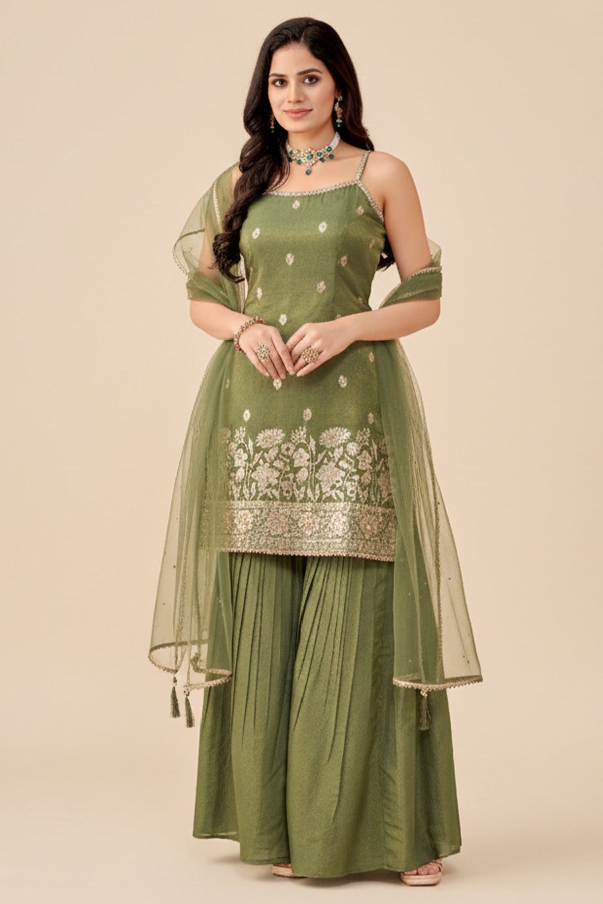 Green Tissue Floral Woven and Mirror Work Sharara Suit