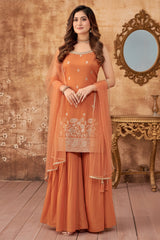 Orange Tissue Floral Woven and Mirror Work Sharara Suit