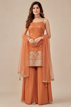 Orange Tissue Floral Woven and Mirror Work Sharara Suit - orange saree