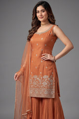 Orange Tissue Floral Woven and Mirror Work Sharara Suit