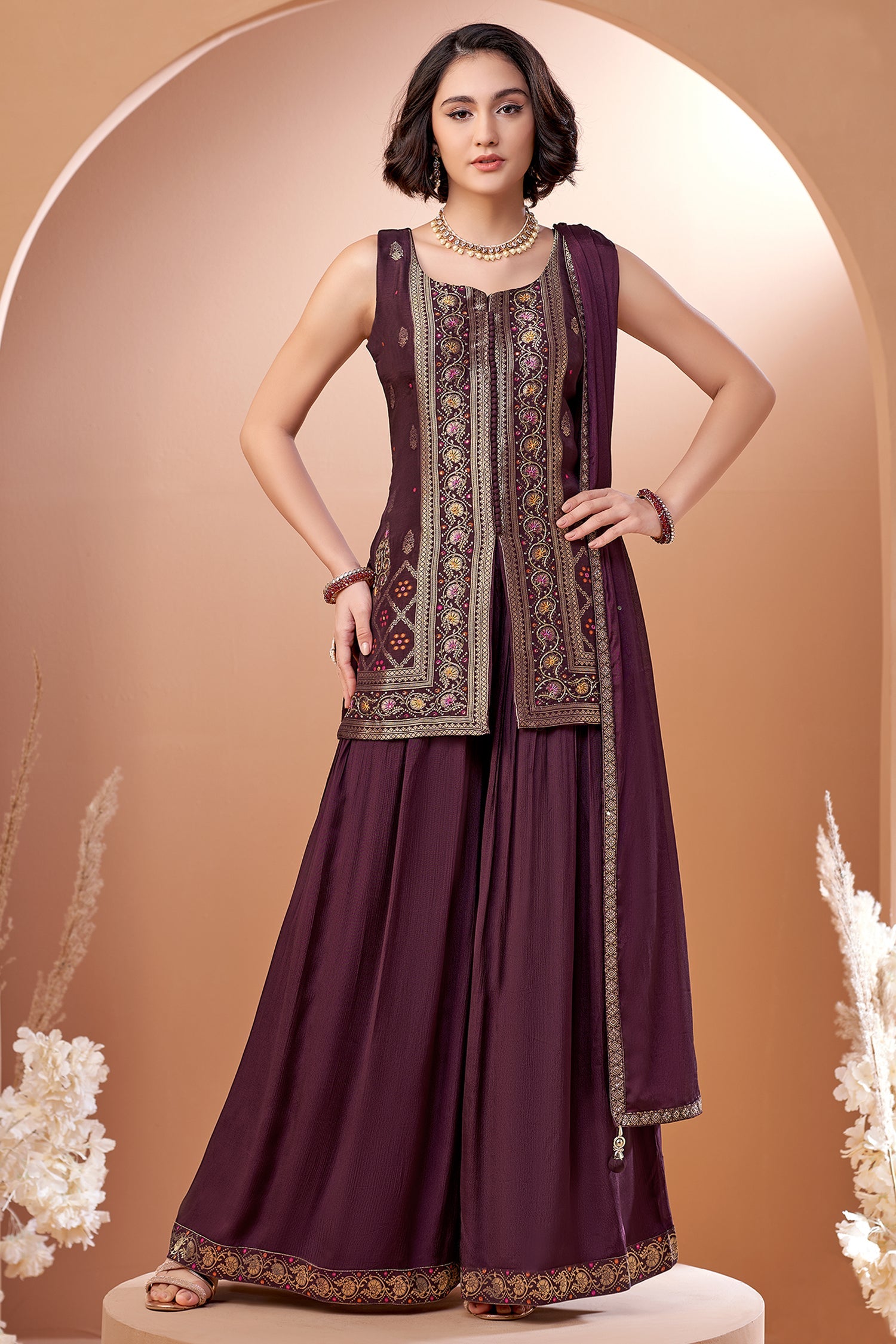 Dark Wine Georgette Woven Palazzo Suit - georgette saree