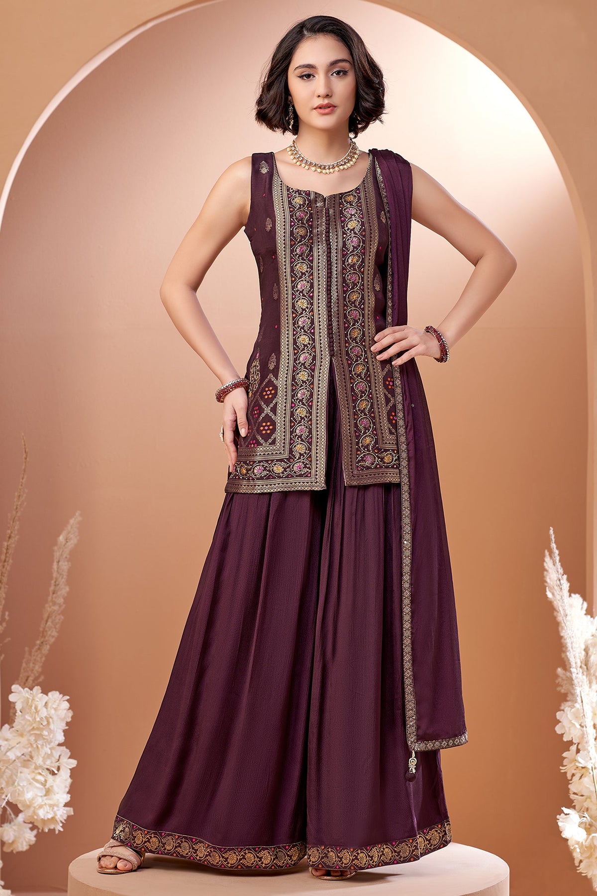 Dark Wine Georgette Woven Palazzo Suit