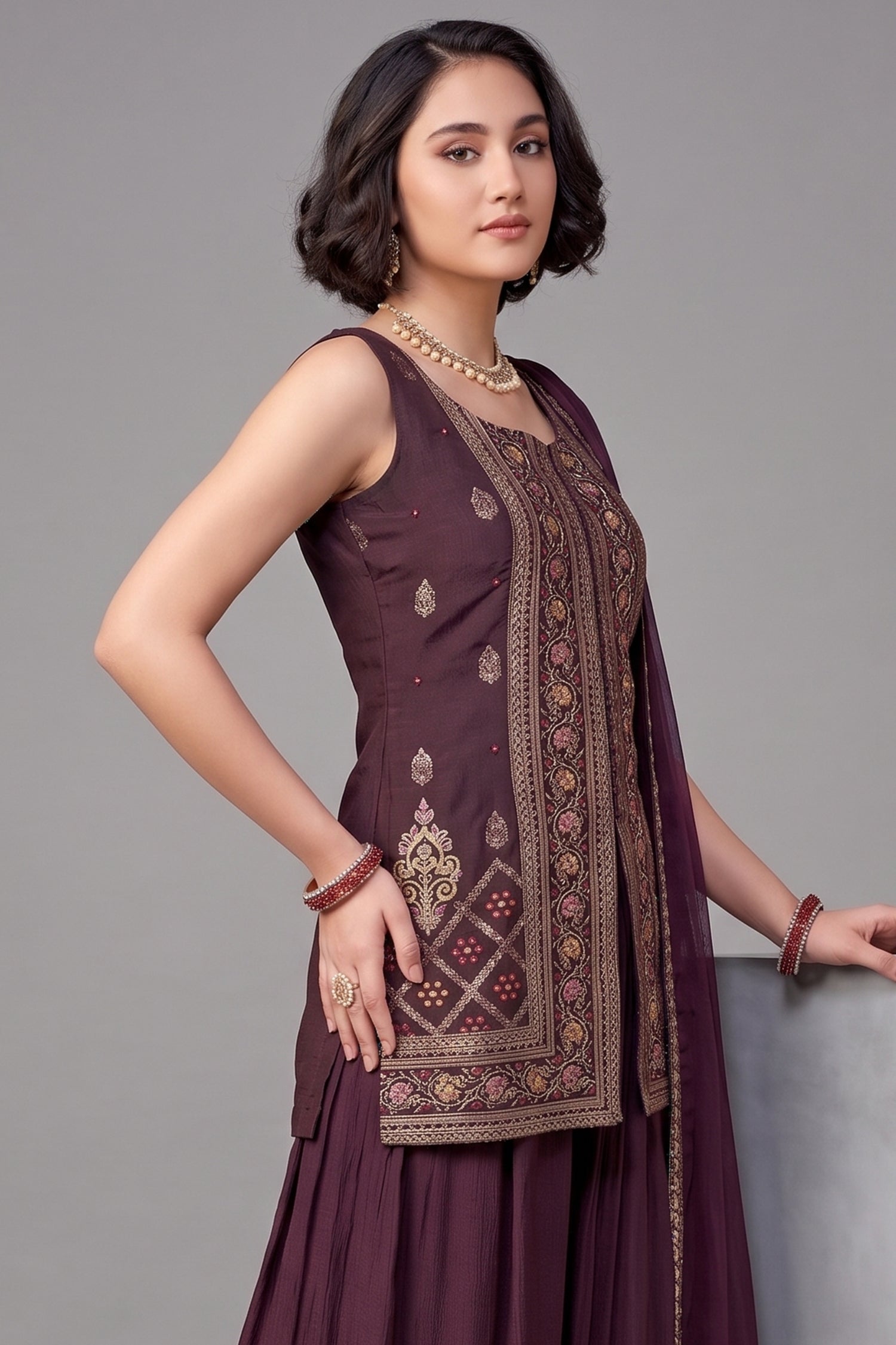 Dark Wine Georgette Woven Palazzo Suit - georgette saree