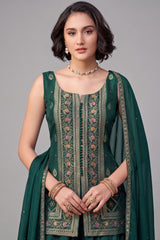 Green Georgette Woven Palazzo Suit