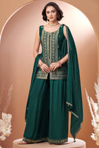 Green Georgette Woven Palazzo Suit - green georgette saree
