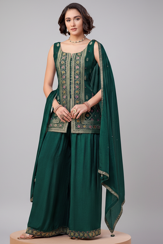 Green Georgette Woven Palazzo Suit - green georgette saree Main image