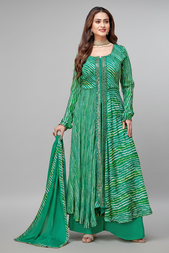 Green Georgette Chiffon Leheriya Printed Palazzo Suit with Mirror Work - green chiffon saree Main image