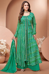 Green Georgette Chiffon Leheriya Printed Palazzo Suit with Mirror Work