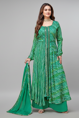 Green Georgette Chiffon Leheriya Printed Palazzo Suit with Mirror Work