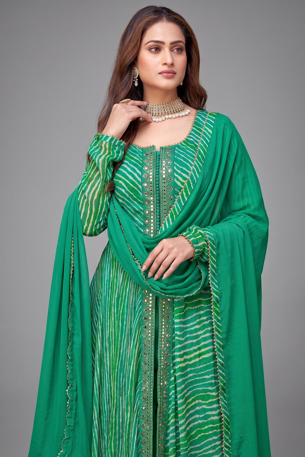 Green Georgette Chiffon Leheriya Printed Palazzo Suit with Mirror Work - green chiffon saree