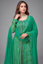 Green Georgette Chiffon Leheriya Printed Palazzo Suit with Mirror Work - green chiffon saree