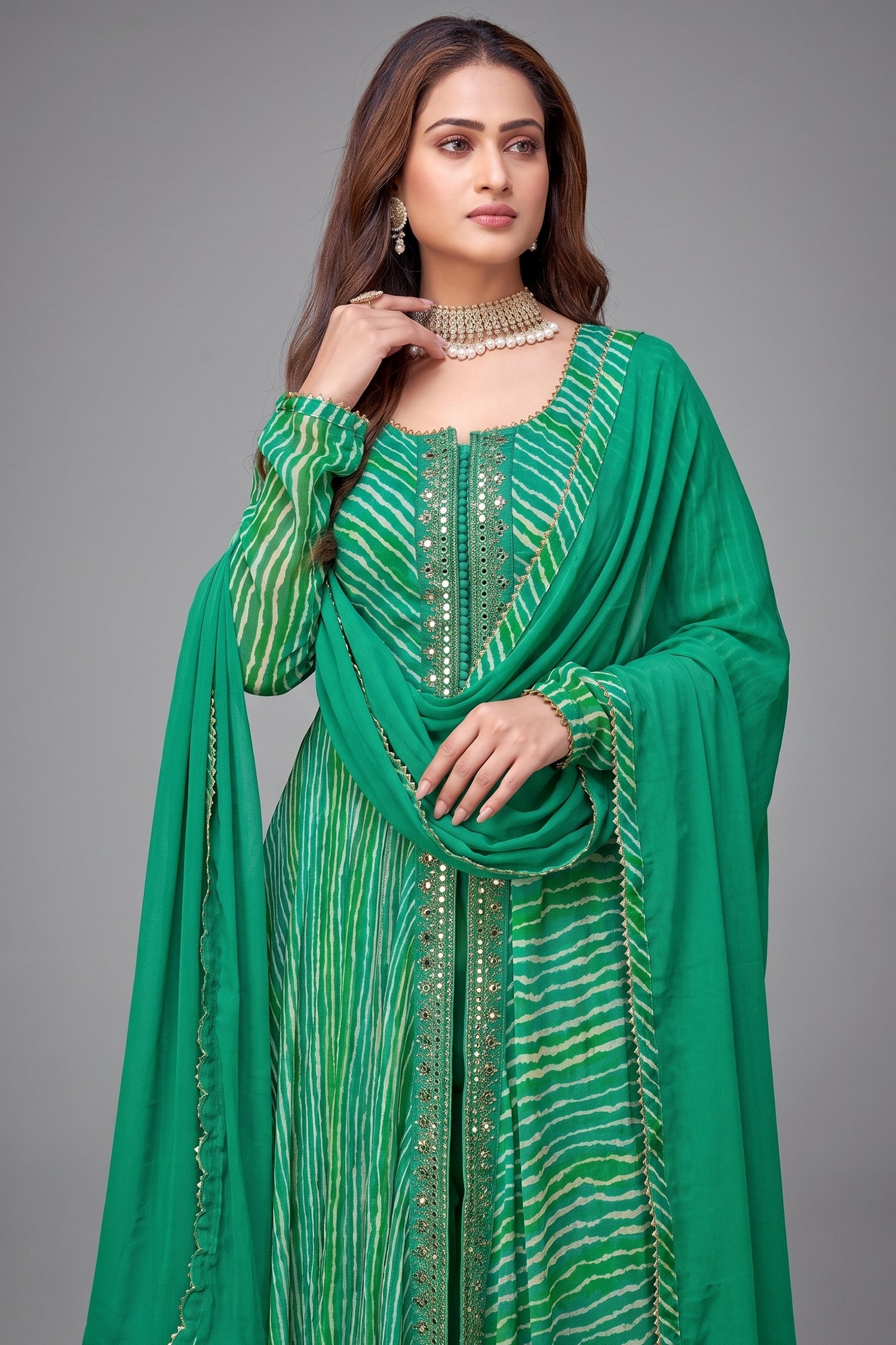 Green Georgette Chiffon Leheriya Printed Palazzo Suit with Mirror Work - green chiffon saree