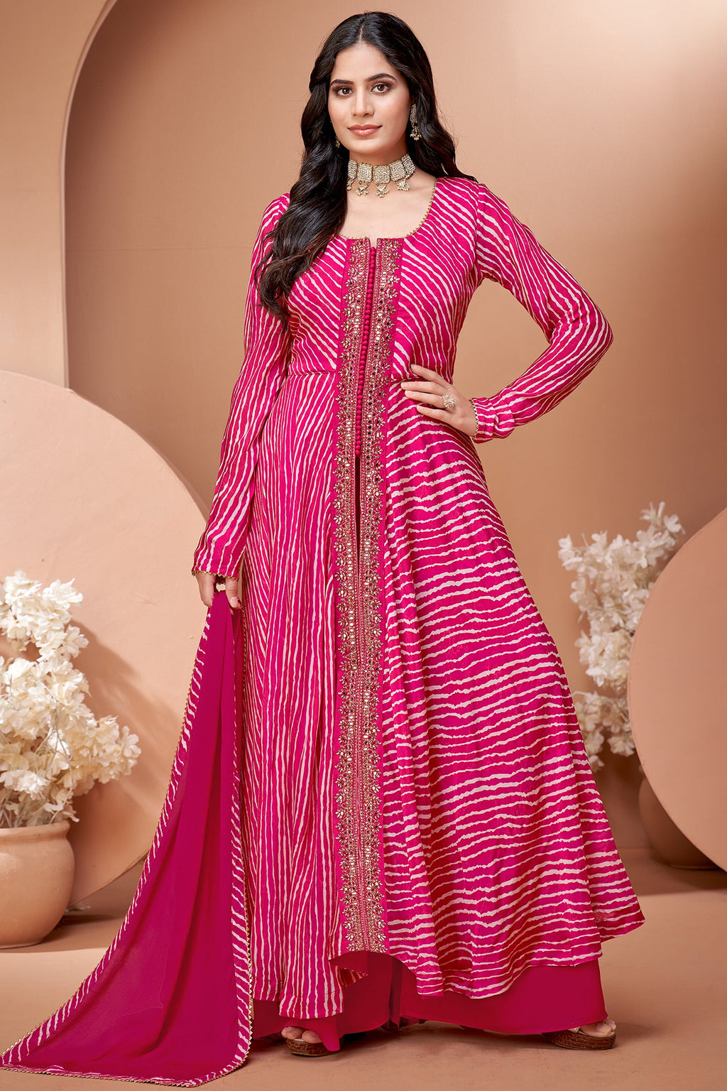 Pink Georgette Chiffon Leheriya Printed Palazzo Suit with Mirror Work - pink chiffon saree