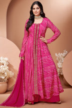 Pink Georgette Chiffon Leheriya Printed Palazzo Suit with Mirror Work - pink chiffon saree