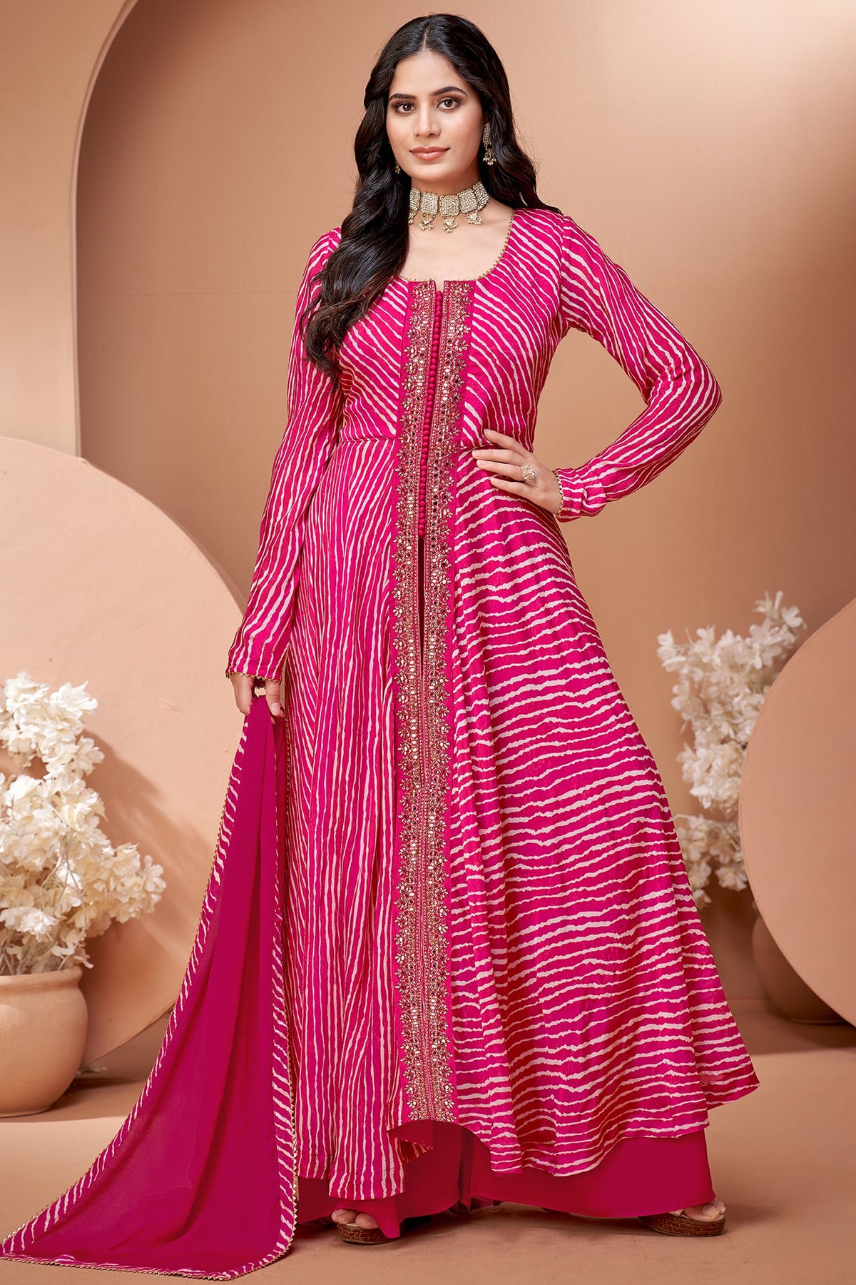 Pink Georgette Chiffon Leheriya Printed Palazzo Suit with Mirror Work