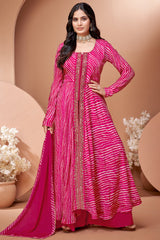 Pink Georgette Chiffon Leheriya Printed Palazzo Suit with Mirror Work