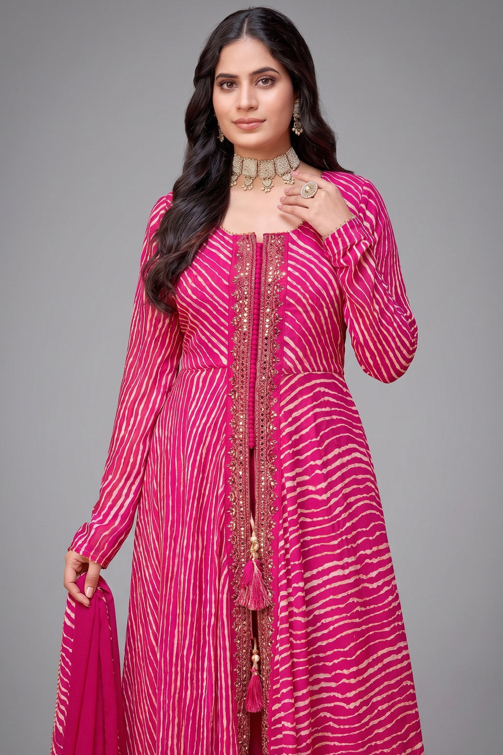 Pink Georgette Chiffon Leheriya Printed Palazzo Suit with Mirror Work - pink chiffon saree