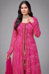Pink Georgette Chiffon Leheriya Printed Palazzo Suit with Mirror Work