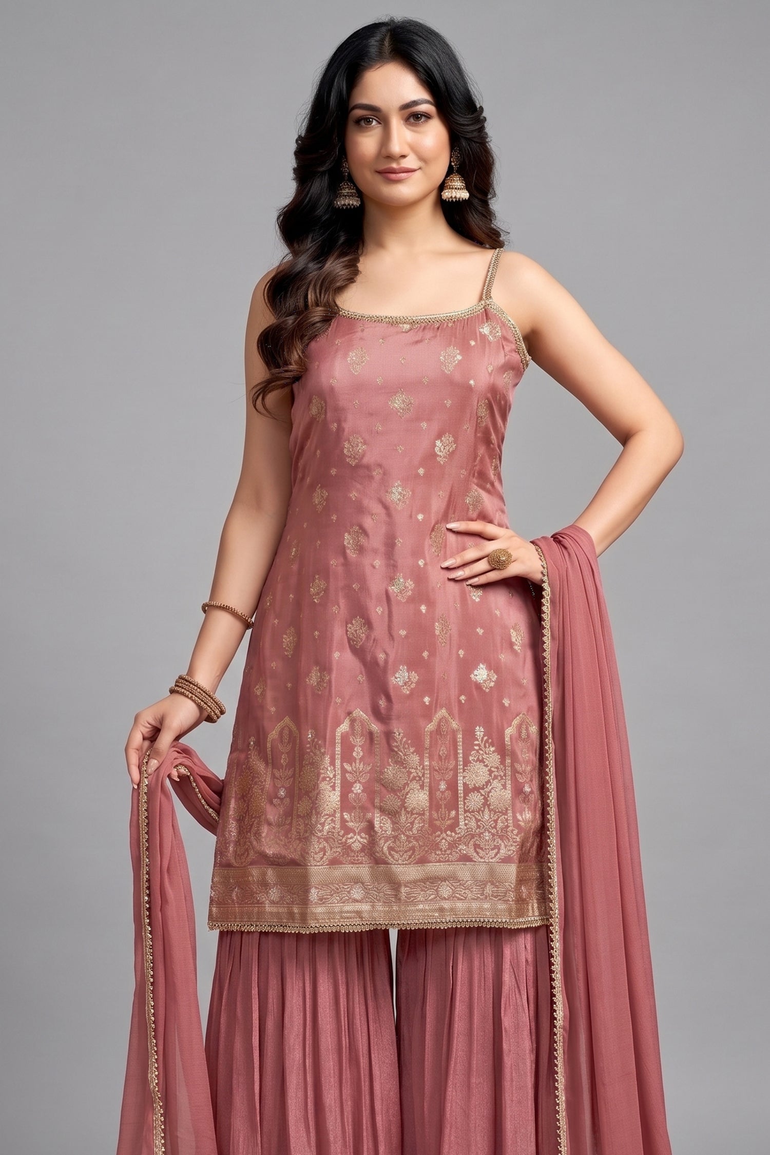 Peach Georgette Chinon Floral Woven Sharara Suit Secondary image