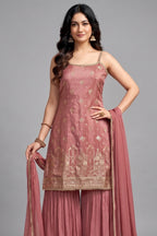 Peach Georgette Chinon Floral Woven Sharara Suit - peach georgette saree