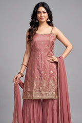 Peach Georgette Chinon Floral Woven Sharara Suit - peach georgette saree