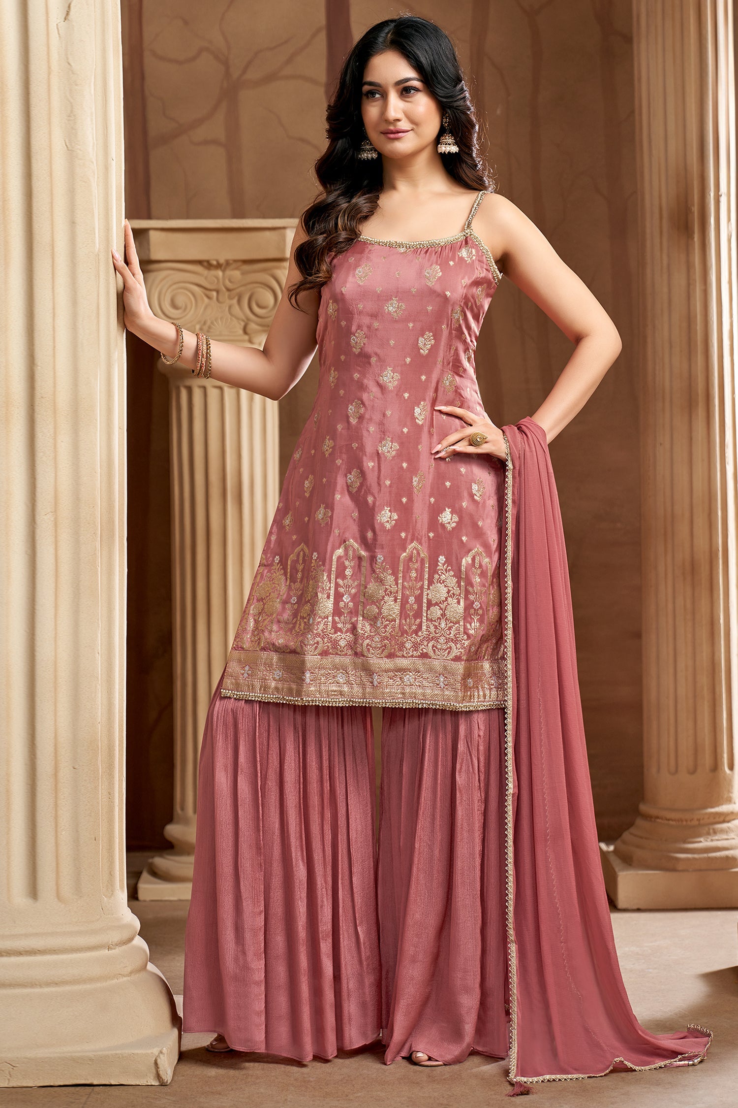 Peach Georgette Chinon Floral Woven Sharara Suit - peach georgette saree