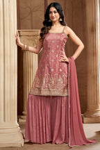 Peach Georgette Chinon Floral Woven Sharara Suit - peach georgette saree
