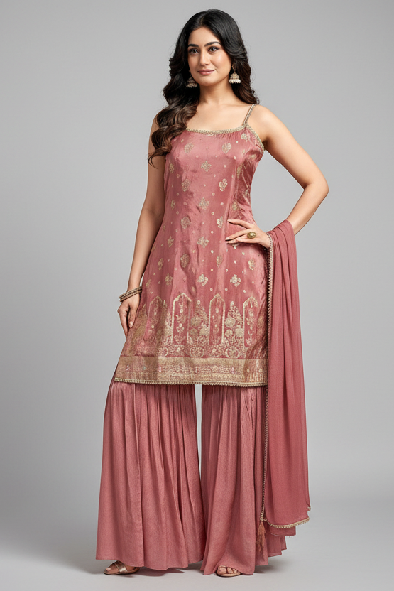 Peach Georgette Chinon Floral Woven Sharara Suit - peach georgette saree