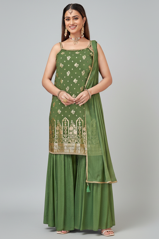 Green Georgette Chinon Floral Woven Sharara Suit - green georgette saree Main image