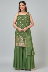 Green Georgette Chinon Floral Woven Sharara Suit