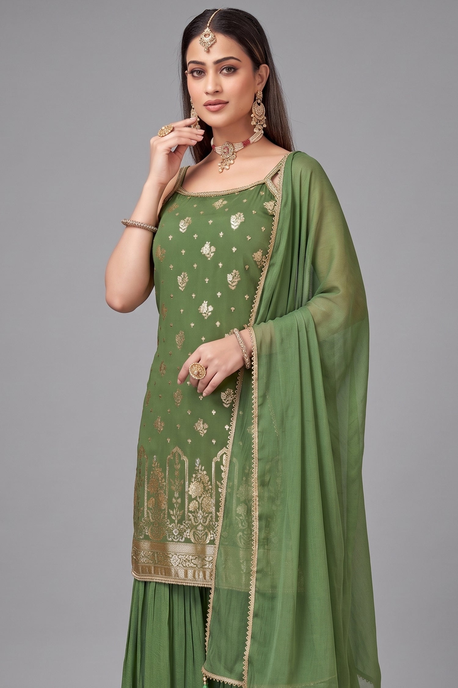 Green Georgette Chinon Floral Woven Sharara Suit - green georgette saree