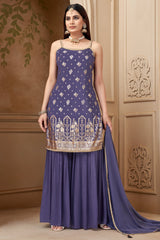 Indigo Blue Georgette Chinon Floral Woven Sharara Suit