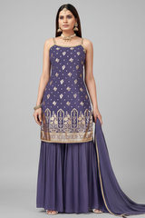 Indigo Blue Georgette Chinon Floral Woven Sharara Suit