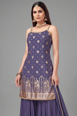Indigo Blue Georgette Chinon Floral Woven Sharara Suit