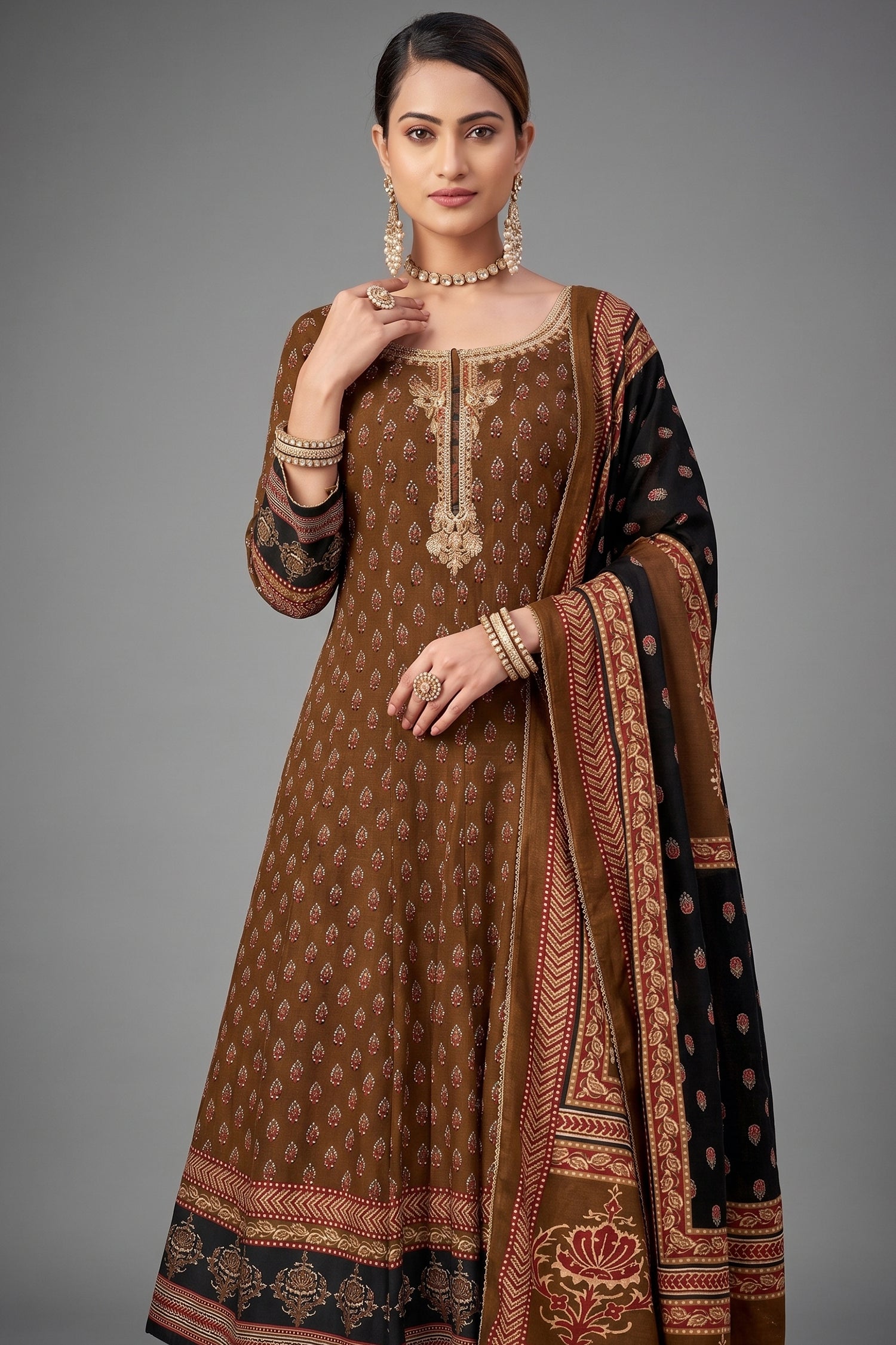 Brown Crepe Muslin Printed Anarkali Palazzo Suit Secondary image