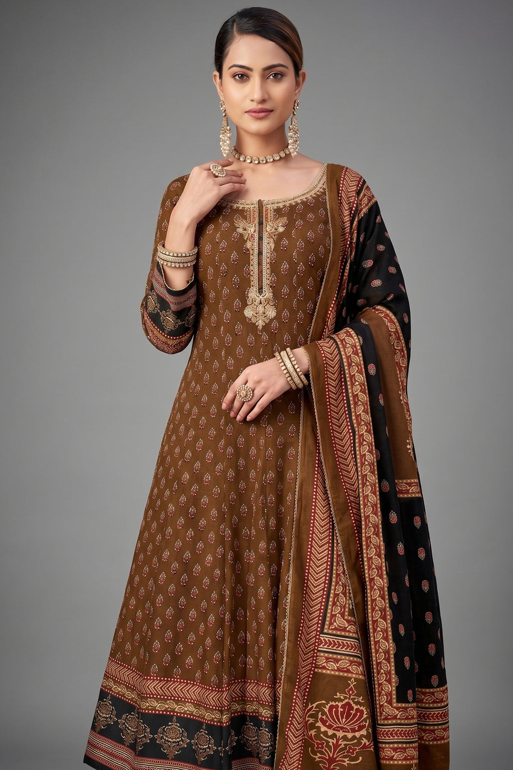 Brown Crepe Muslin Printed Anarkali Palazzo Suit - brown crepe saree