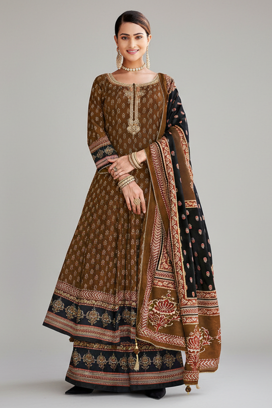 Brown Crepe Muslin Printed Anarkali Palazzo Suit - brown crepe saree Main image
