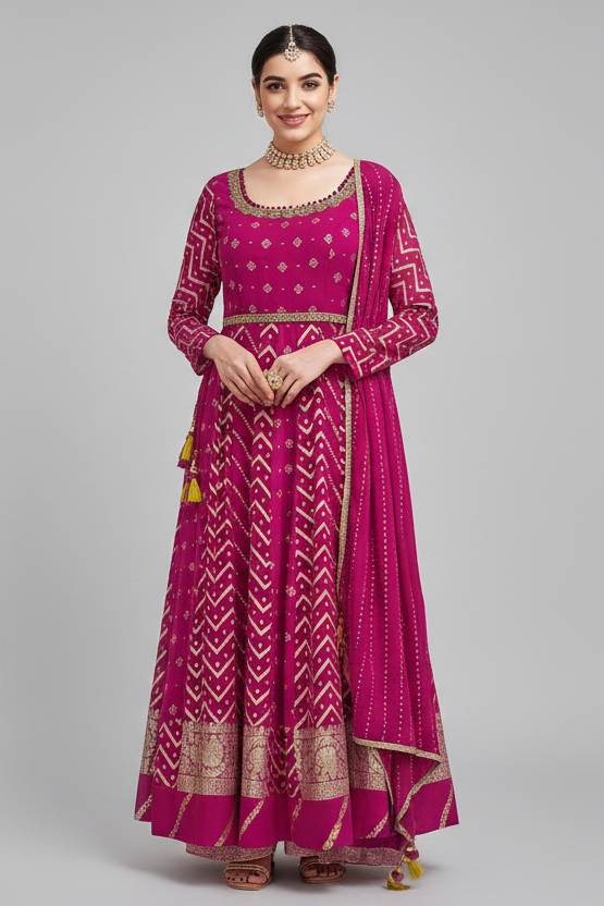 Pink Georgette Woven Anarkali Palazzo Suit - pink georgette saree