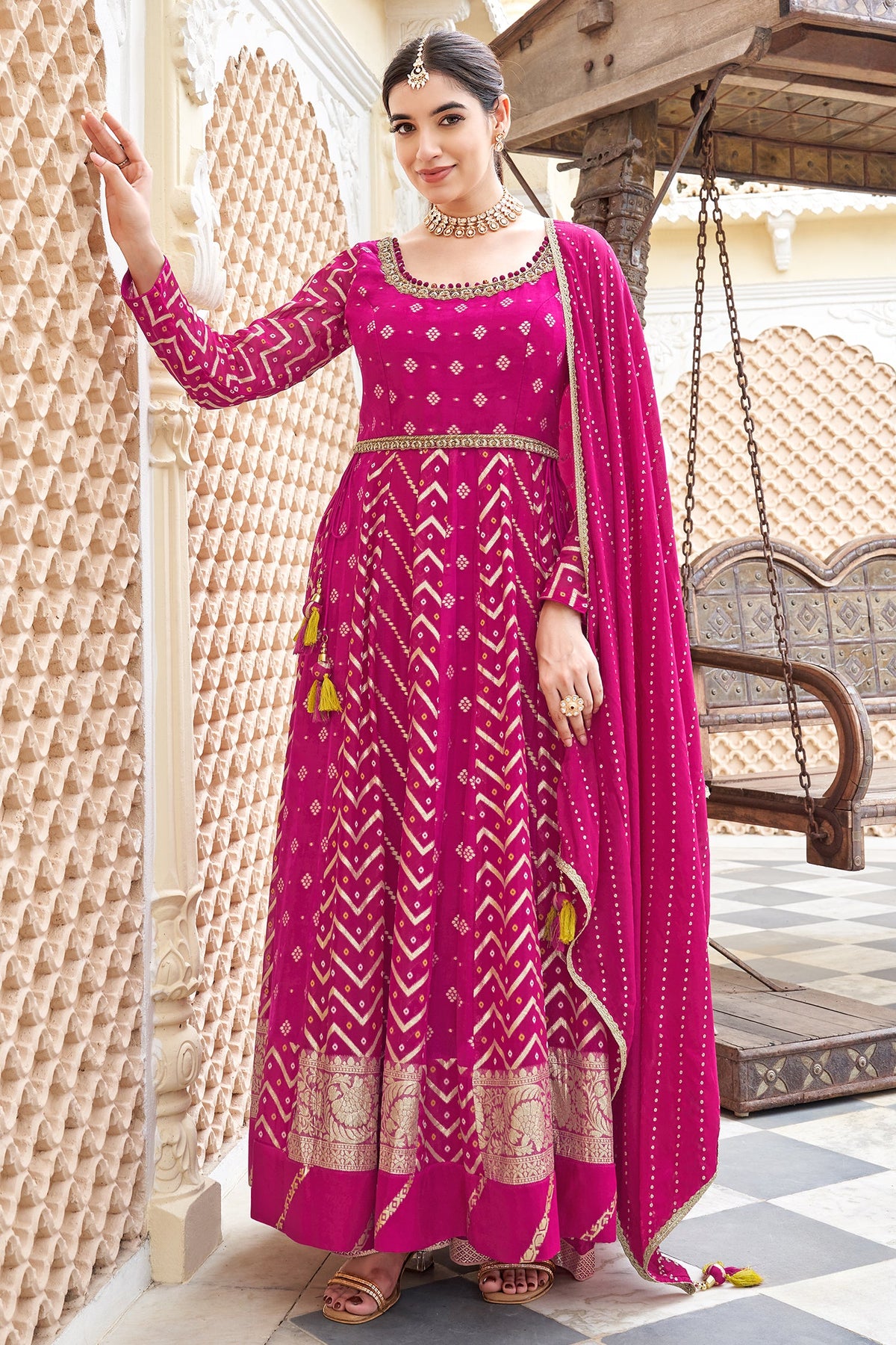 Pink Georgette Woven Anarkali Palazzo Suit