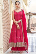 Pink and Red Georgette Bandhej Printed Anarkali Palazzo Suit - red georgette saree bandhej